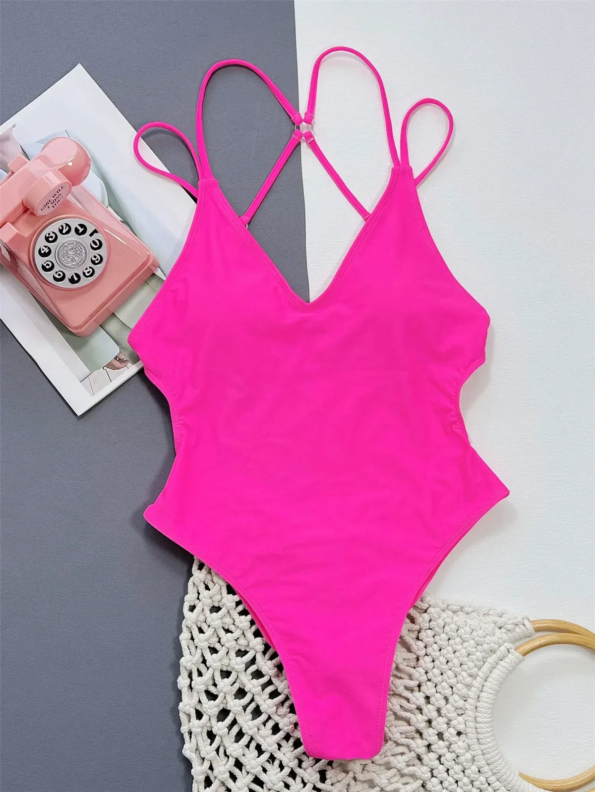 Solid Blue Backless Swimwear One Piece Swimsuit Women Back Cross String Bathers High Cut Bathing Suit