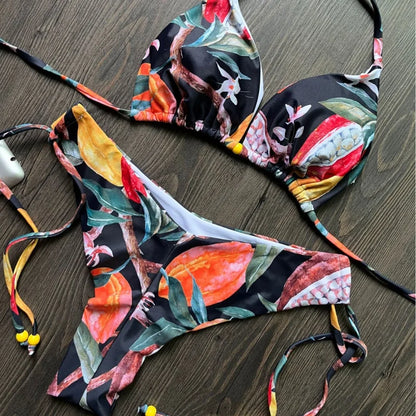 Bikini Digital Printed Lace-up Halterneck Triangle Split Swimsuit Female String Bikini