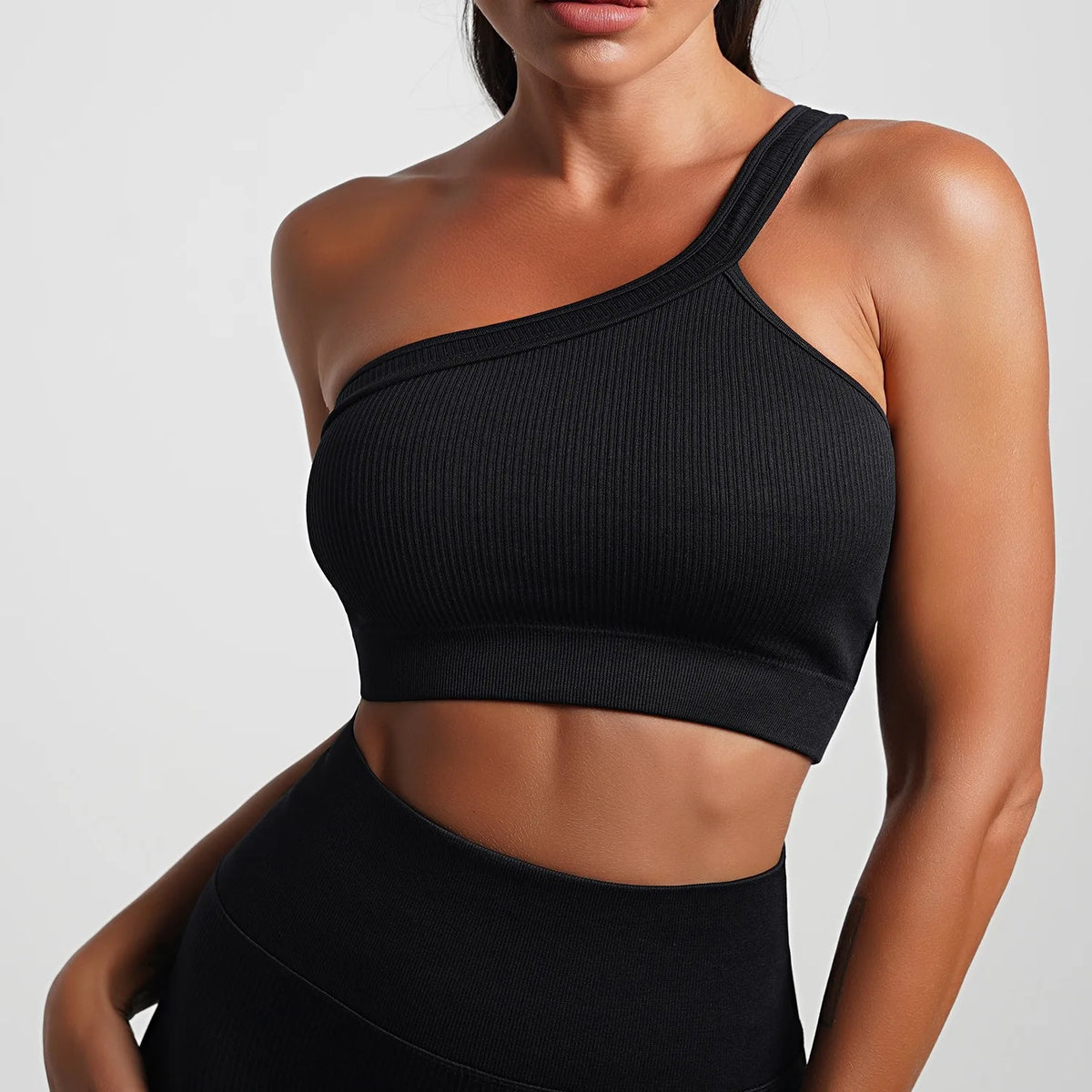 Ribbed Detachable Padded Yoga Crop Tops Women's Seamless Slanted Shoulders Tops Fitness Althetic Pilates Sportwear
