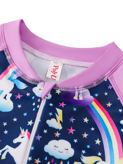 Girls Swimsuit One-Piece Cartoon Horse Weather Icons Print Bikini-Cut Swimwear Long Sleeve Color Blocking Beach Swim Rash Guard