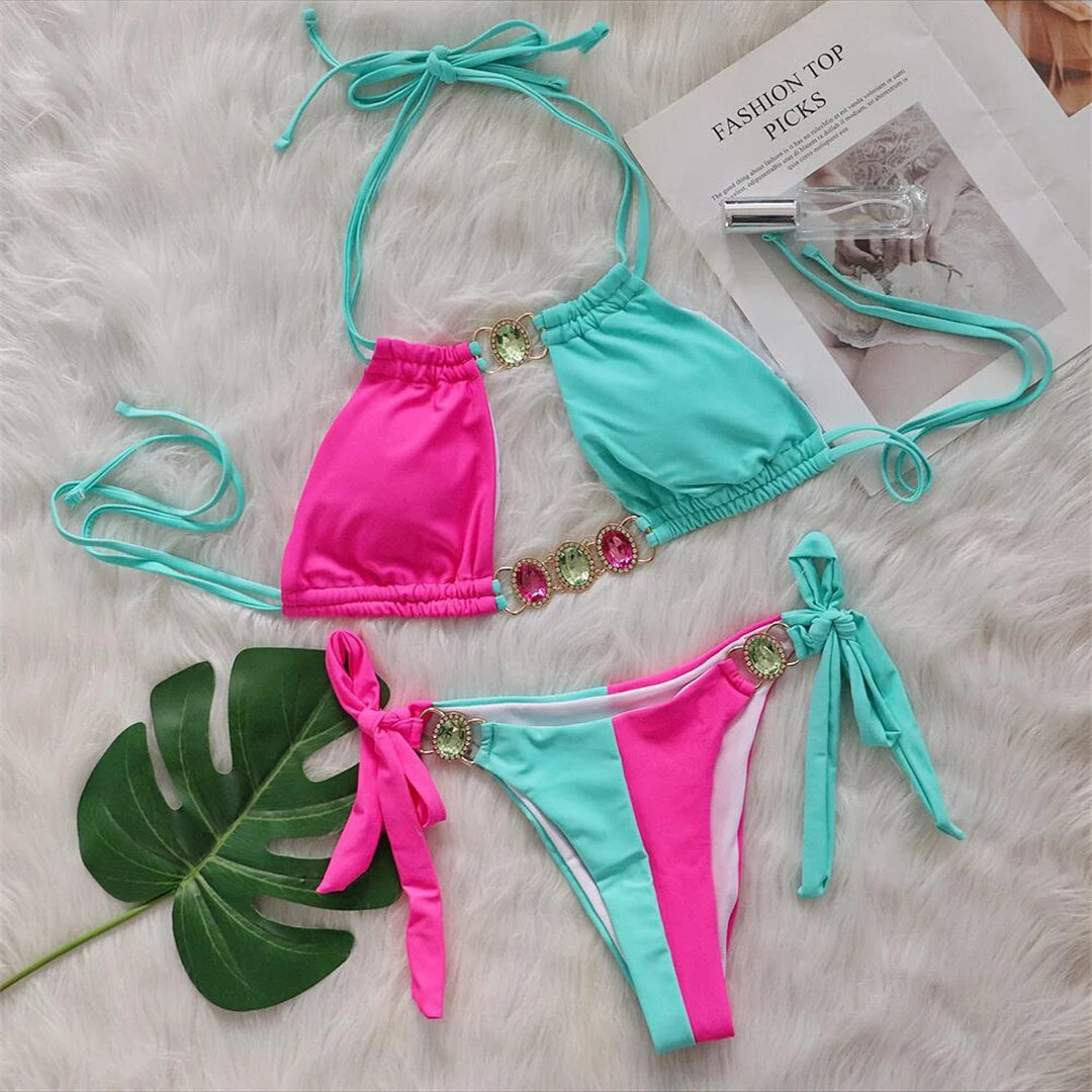 8 Colors Diamond Rhinestones Splicing Bikini Women Swimwear Female Swimsuit Two-pieces Bikini set Bather Bathing Suit Swim