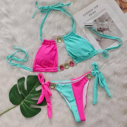 8 Colors Diamond Rhinestones Splicing Bikini Women Swimwear Female Swimsuit Two-pieces Bikini set Bather Bathing Suit Swim