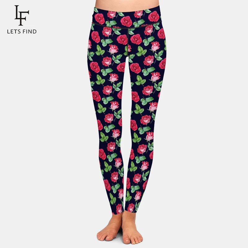 Women Leggings 3D Watercolor Rose Blooms and Leaves Print High Waist Fitness Stretch Pants