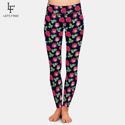 Women Leggings 3D Watercolor Rose Blooms and Leaves Print High Waist Fitness Stretch Pants