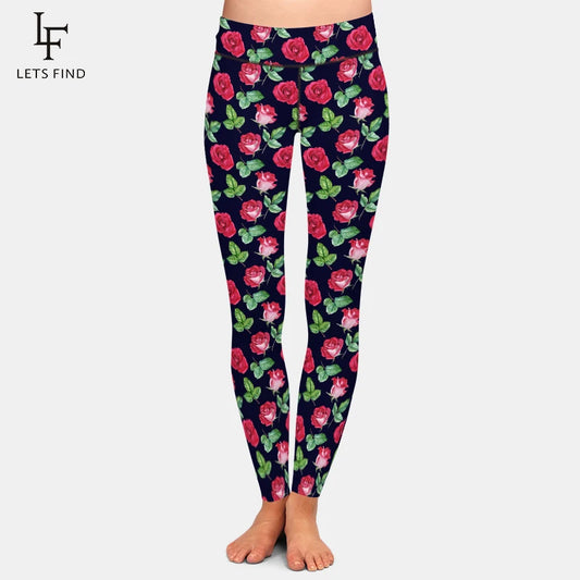 Women Leggings 3D Watercolor Rose Blooms and Leaves Print High Waist Fitness Stretch Pants