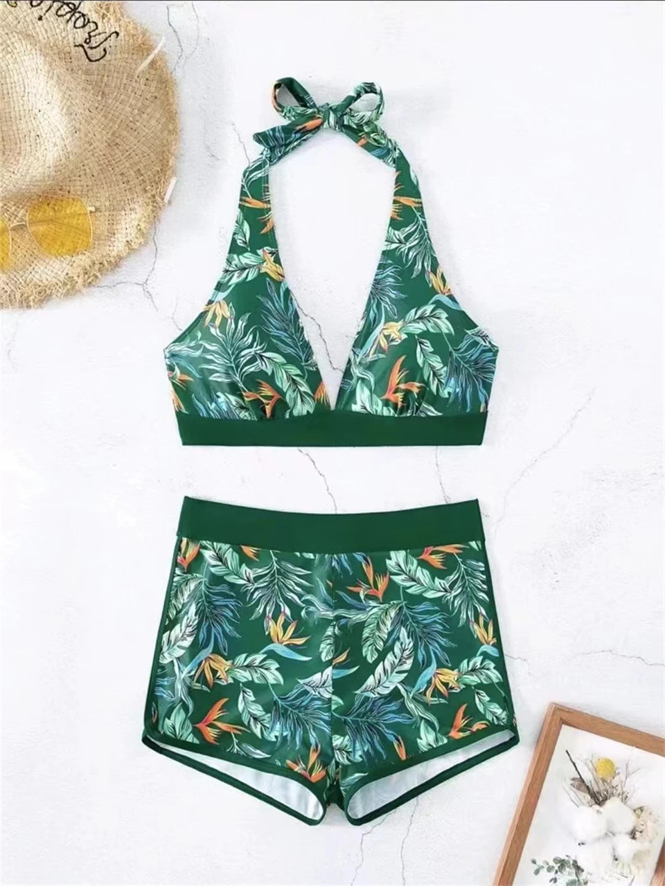 Halter Bikini Women High Waist Swimwear Female Swimsuit Leaf Printed Beachwear Bathing Swimming Suit Summer Beachwear