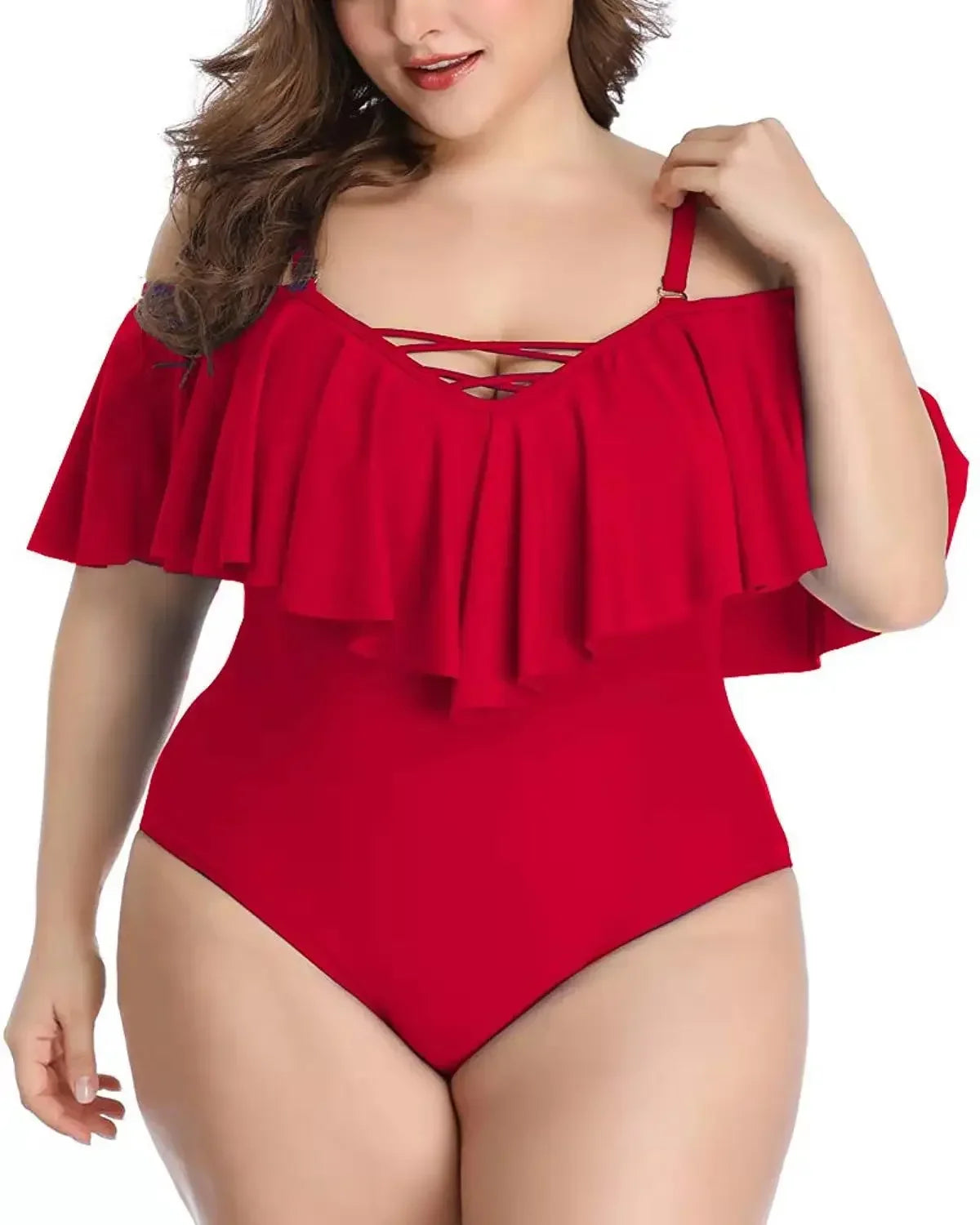 Solid color Ruffle Top Swimsuit Women Plus Size Swimsuit One Piece Swimwear Swimming