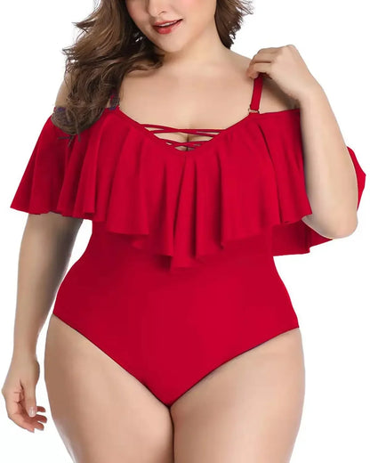 Solid color Ruffle Top Swimsuit Women Plus Size Swimsuit One Piece Swimwear Swimming