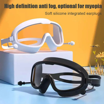 Adult swimming goggles anti fog high-definition swimming goggles silicone earplugs adjustable large frame swimming goggles