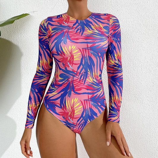 Floral One Piece Swimsuit Long Sleeve Zipper Swimwear Women Bathing Suit Beachwear Monokini Female Swim Surfing Suits