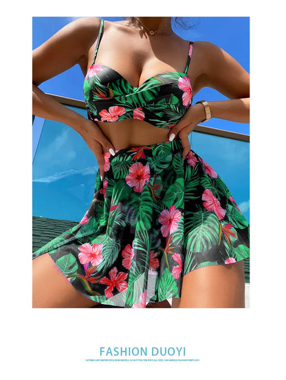 Cikini-Women's Tropical Print Push Up Bikinis Set, Swimsuit with Beach Skirt, Swimwear, Summer Bathing Suit
