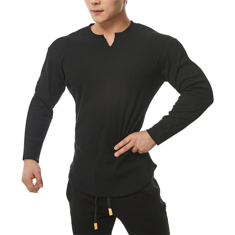 Fashion Casual Compression Shirt Large Sports Workout T-shirt Men's Elastic Long Sleeve Autumn V-Neck Gym