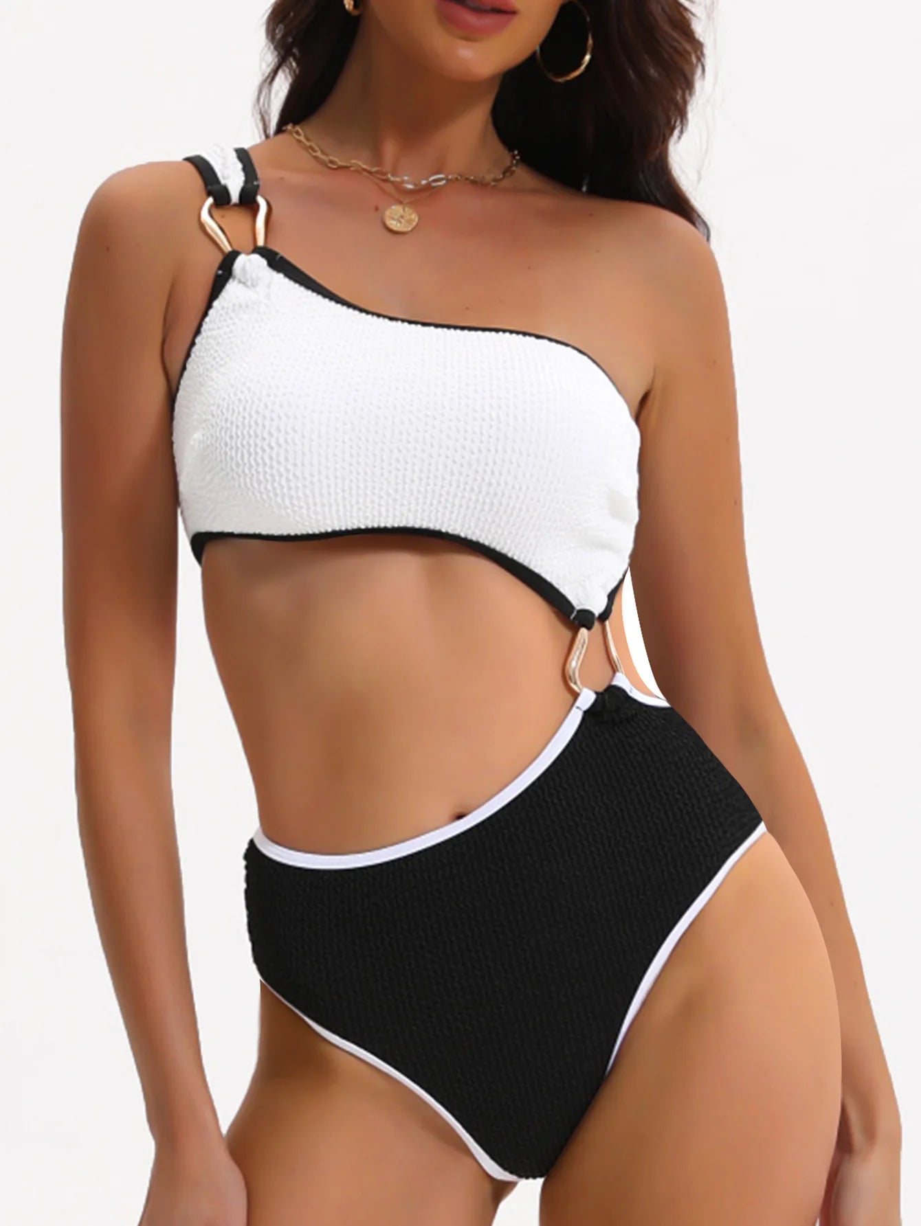 Vintage White Black Patchwork Swimwear Women One Shoulder Hollow Out Backless Bikini Style Beach Bathing Suit One Piece Swimsuit