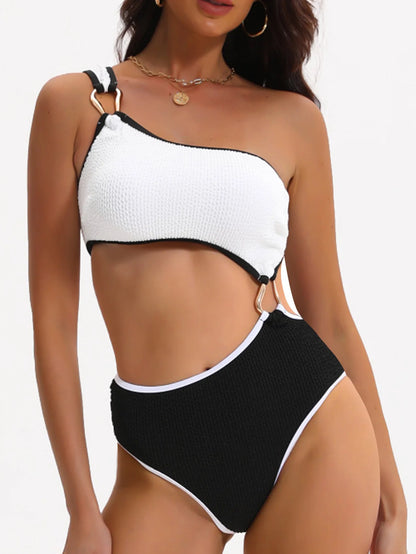 Vintage White Black Patchwork Swimwear Women One Shoulder Hollow Out Backless Bikini Style Beach Bathing Suit One Piece Swimsuit