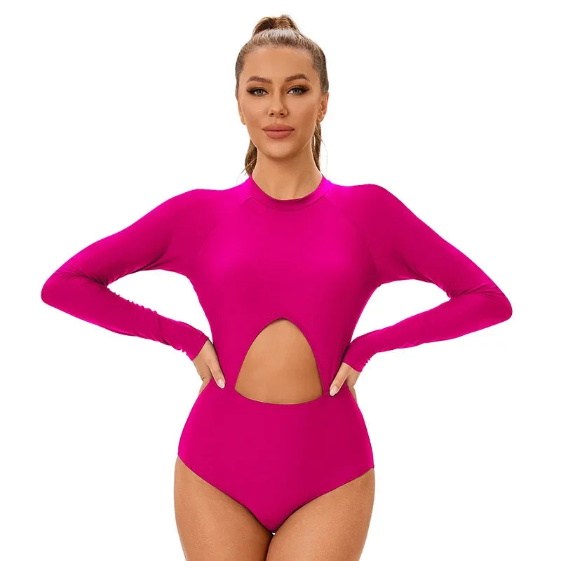 Sports Swimwear Women's Solid Color One Piece Swimsuit High Waist Hollow Out Long Sleeve Zipper Conservative Monokini