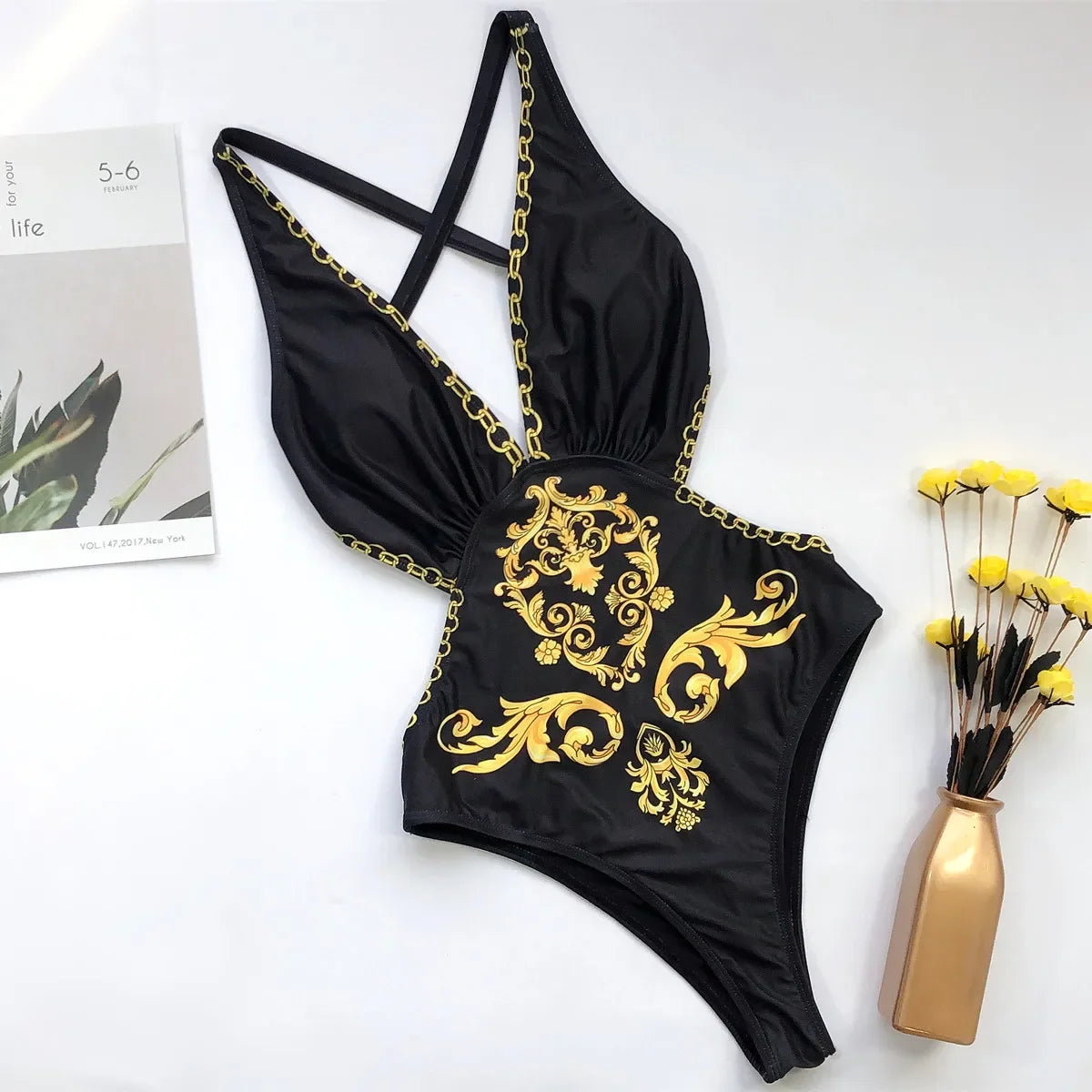 One Piece Swimsuit Swimwear Women Black Vintage Retro Print Deep V-neck Bathing Suit Beachwear Cross Back Straps