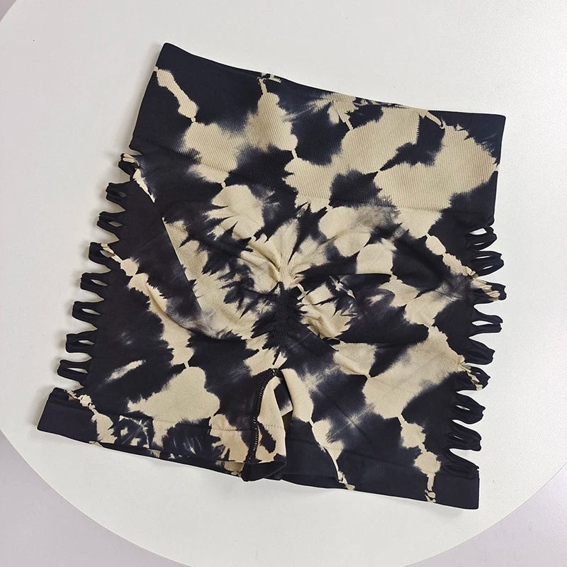 Women's Tie-Dye High-Waisted Yoga Shorts - Mid-Thigh, Side Cutouts, Butt-Lifting, Tummy-Control, Mesh Breathable for Fitness