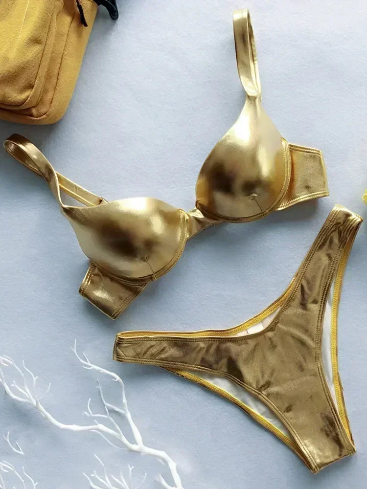 Shiny PU Faux Leather Bikini Push Up Swimsuit Women Swimwear Female Two-pieces Bikini set Bra Cup Bather Bathing Suit Swim