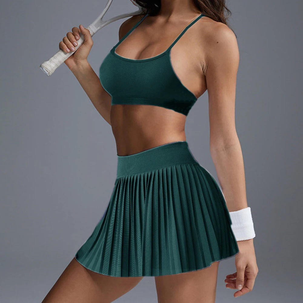 2PCS Seamless Sport Bra Women Anti Shorts Yoga Set Tracksuit Chiffon Running High Waist Skirt Fitness Active Suits Wear
