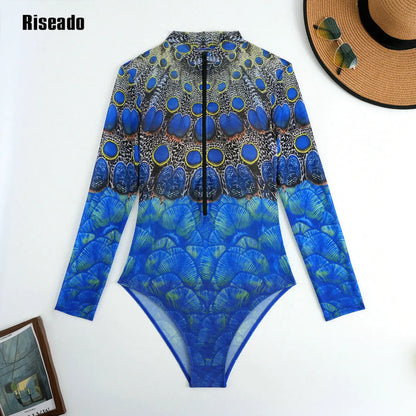 Women's Mesh Beach Suit Printed High Waist Surfing One Piece Suit with Long Sleeves Large Size