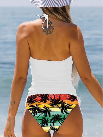 Summer Fashion Casual Vacation Swimsuit Women's Seaside Sunset Dusk Printed Bikini Two Piece Set S-6XL