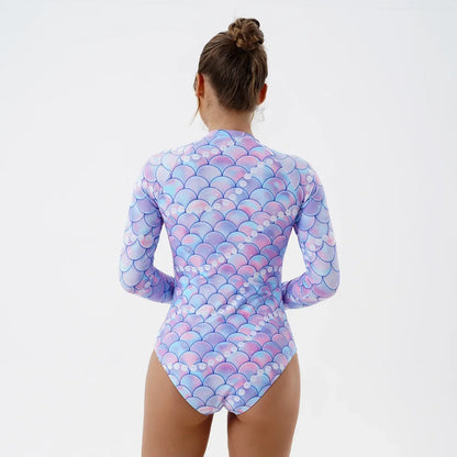 One Piece Swimsuit Women Fish Scale Printing Bikini Long Sleeve Sunscreen Surfing Suit Monokini Beach Swimwear