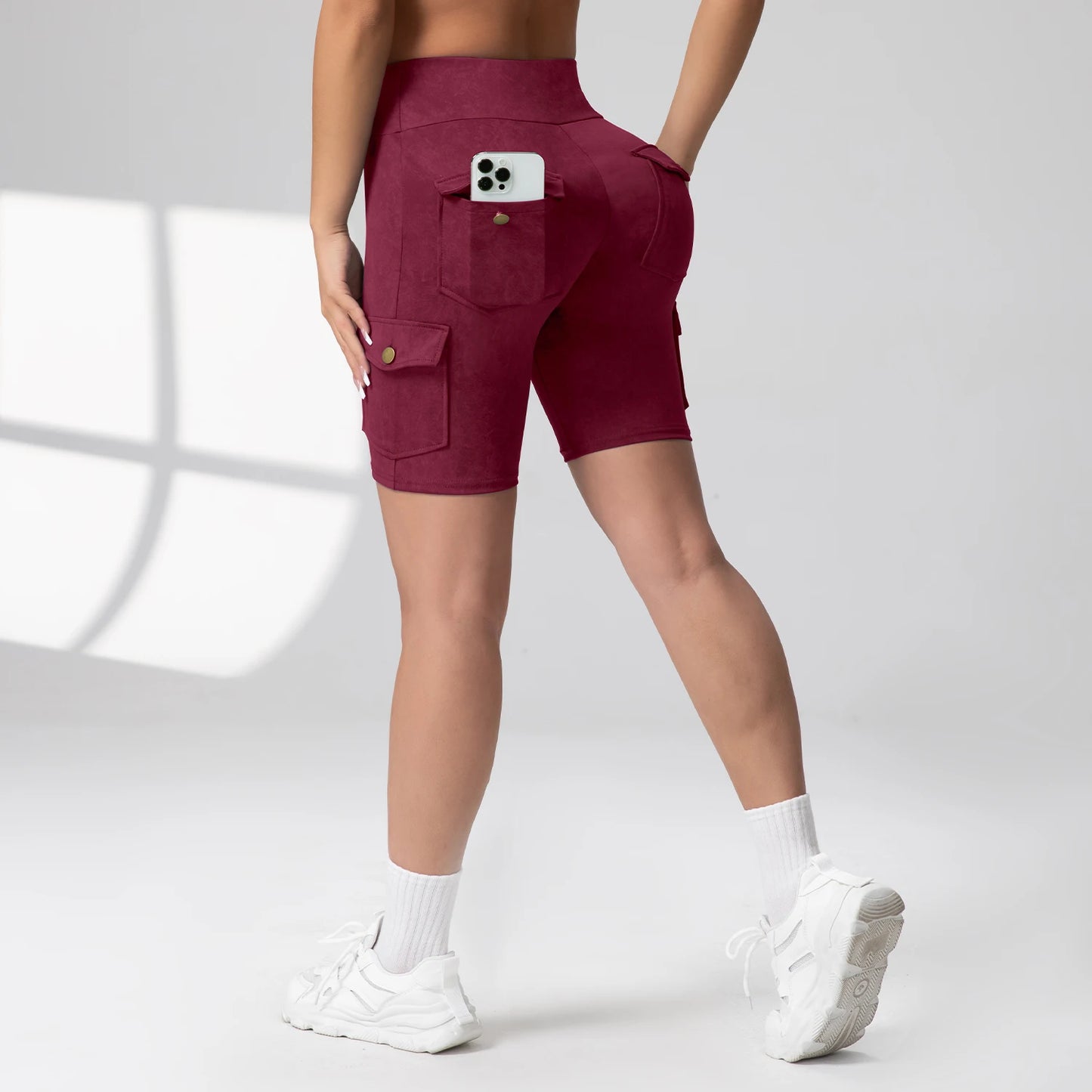 Women Washed Print Work Pocket Yoga Shorts Butt Lifting Workout  Tights Sport Push Up 5-Port Pants Elastic Slim Sportswear