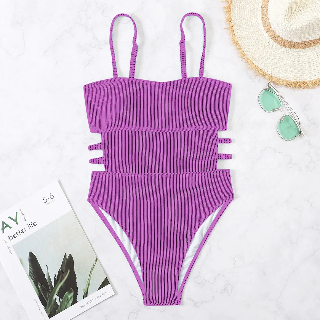 S - XL 11 Colors Ribbed Cut Out One Piece Swimsuit Women Swimwear Female High Leg Cut Padded Bather Bathing Suit Swim Lady