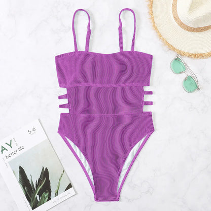 S - XL 11 Colors Ribbed Cut Out One Piece Swimsuit Women Swimwear Female High Leg Cut Padded Bather Bathing Suit Swim Lady