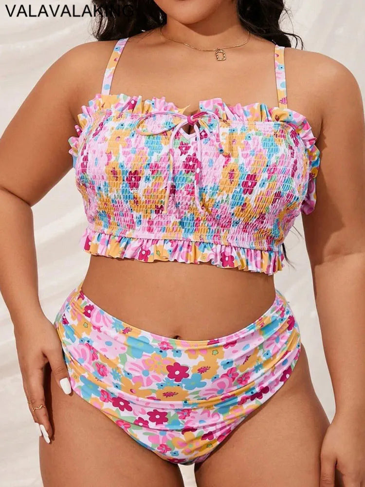 Print 2 Piece Plus Size Bikini Women Verge Strapped Large Swimsuit High Waist Lady Swimwear Beach Curvy Bathing Suit