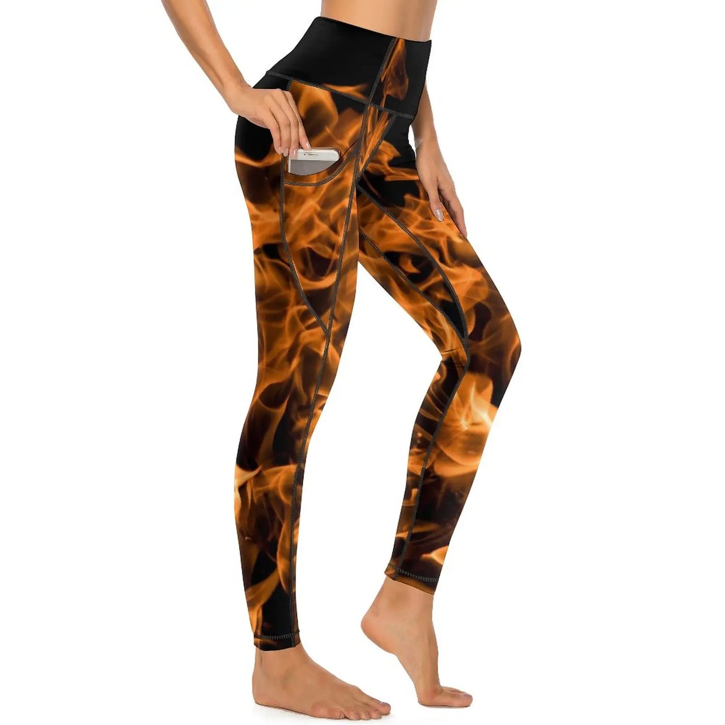 Red Fire Yoga Pants Pockets Abstract Print Leggings Push Up Kawaii Yoga Sports Tights Quick-Dry Workout Gym Leggins