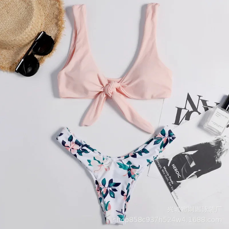 Women's Swimming Suit Bikini Front Tie Push Up Padded Swimwear Cut Out Solid Pink Bathing Suit Swimsuit Beachwear