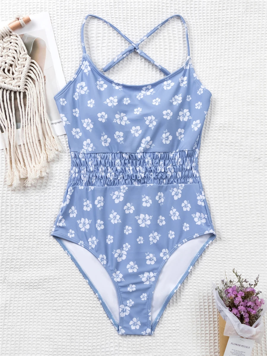 Straped Criss Back One Piece Swimsuit Vintage Swimwear Women Floral Print Bathing Suit Female Front Fold Beachwear Bodysuit