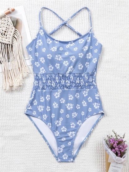Straped Criss Back One Piece Swimsuit Vintage Swimwear Women Floral Print Bathing Suit Female Front Fold Beachwear Bodysuit