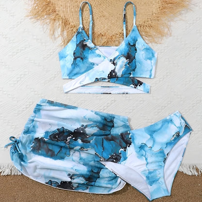 3 Pieces Tie Dye Print Bikini  Girls Swimsuit with Skirt Kids Swimwear Female Bathers Bathing Swimming Swim Suit Beachwear