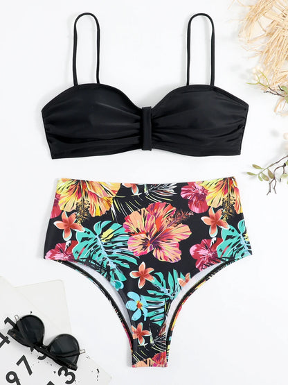 Solid Bandeau Bikini Set Women Tropical Printed Swimwear Female Push Up Swimsuit High Waist Bathing Suit Tie Back Beachwear