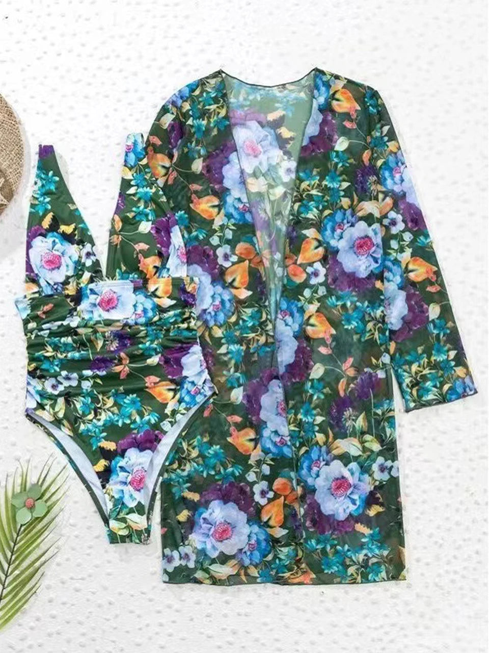 One Piece V-neck Tropical Print Swimsuit With Cover Up Swimwear Women Beach Wear Female Bathing Swimming Swim Suit Summer