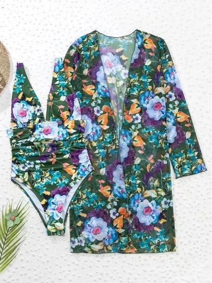 One Piece V-neck Tropical Print Swimsuit With Cover Up Swimwear Women Beach Wear Female Bathing Swimming Swim Suit Summer