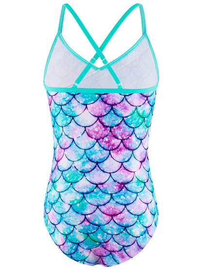 One-Piece Swimsuit Bikini Cut Ruffle Frill Swimwear Kids Girl Shimmering Scale Printed Thin strap Cross back Summer Swimming Suit