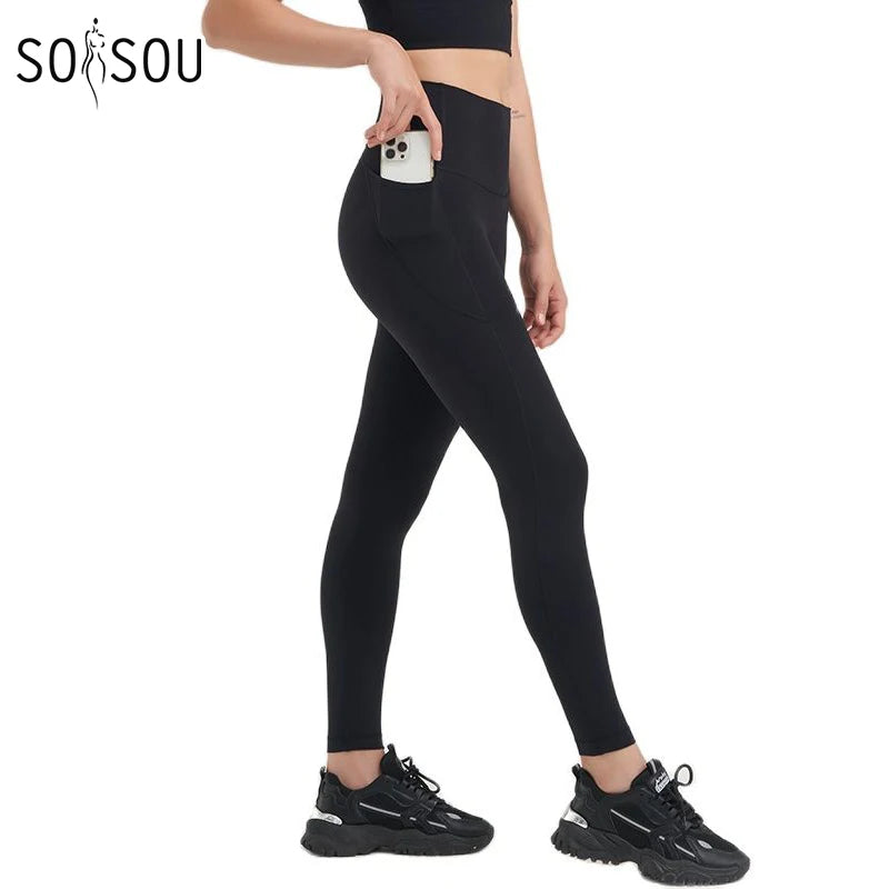 Nylon Leggings Yoga Women's Pants Gym Sport Fitness Pants Tight Elastic Breathable High Waist Side Pockets Sportswear