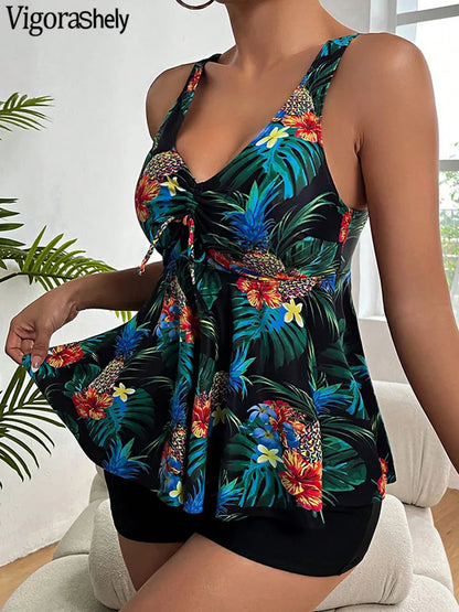 Print Tankini Set Women Strapped Push Up Swimsuit High Waist Beach Swimwear Brazilian Lady Bathing Suit