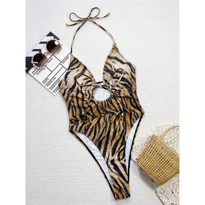 Leopard V Neck Lace Up Full Back High Cut Leg Women Swimwear One Piece Swimsuit Female Bather Bathing Suit Swim