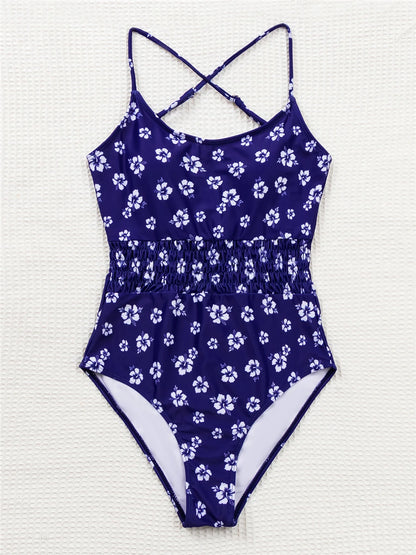 Straped Criss Back One Piece Swimsuit Vintage Swimwear Women Floral Print Bathing Suit Female Front Fold Beachwear Bodysuit