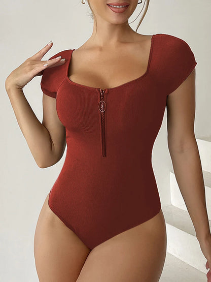 Short Sleeve Swimsuit Women One Piece Solid Swimwear Female Zipper Bathers Bathing Swimming Suit Summer Beachwear Bodysuit