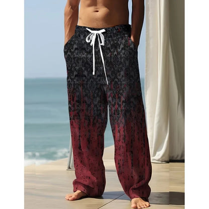 Summer Men's Cotton Linen Casual Pants Retro Ethnic Printing Mid Waist Drawstring Closure Large Size Wide Leg Beach Pants