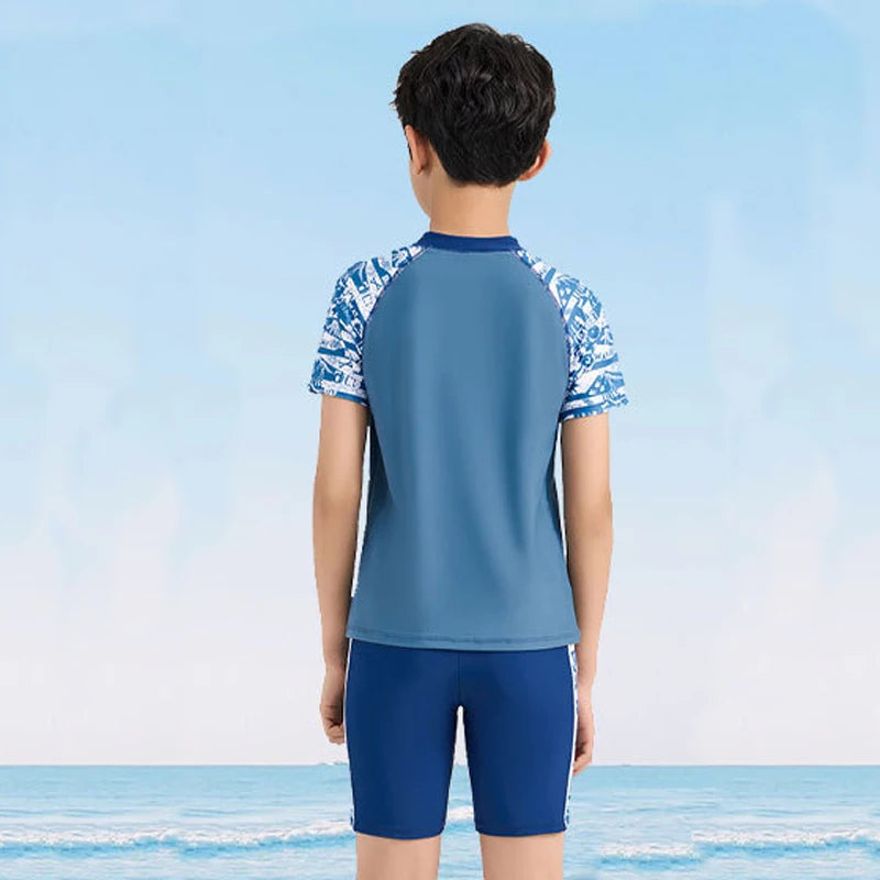Summer Swimming Suit For Kids Boy Swim Sets Children Swimwear Short Sleeve Swimsuit Split Two Piece Beachwear Fast Dry Trunks