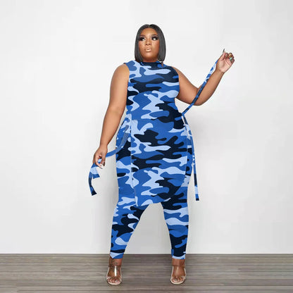 Camouflage Plus Size Women Clothing Two Piece Outfits Sleeveless Round Neck Bandage Crop Tops Pants Sets