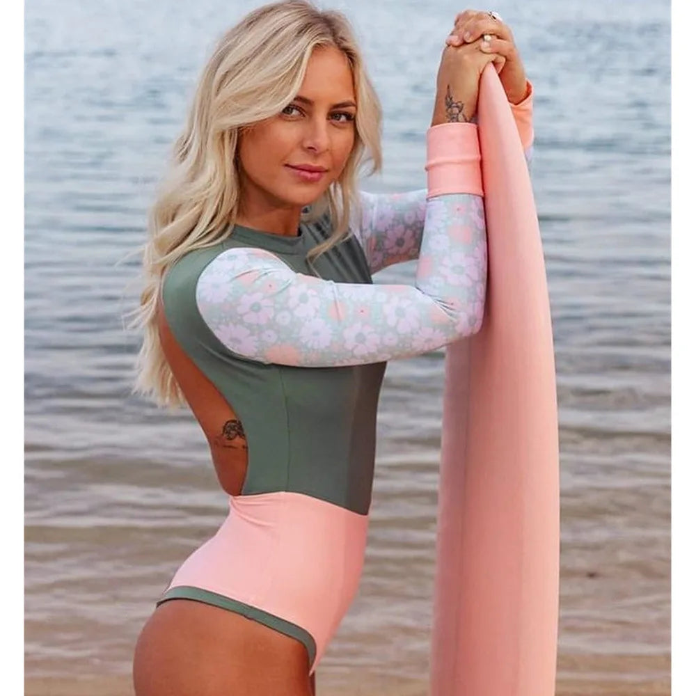 Rash Guard One Piece Swimwear Women Swimsuit  Floral Print Long Sleeves Rash Guard Surfing Monokini Bathing Suit Beach