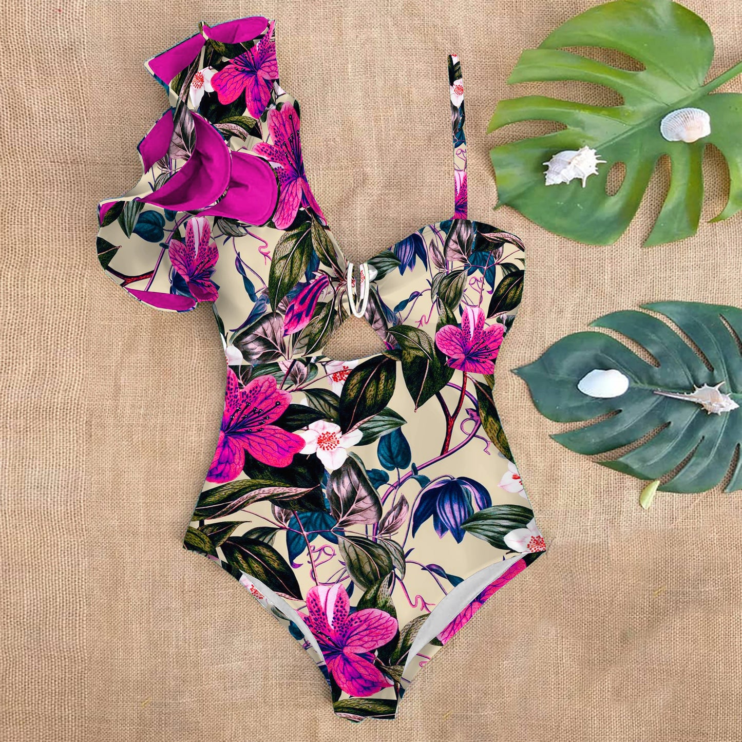 Ruffle Print Floral One Piece Strappy One shoulder Swimwear Women Swimsuit Bathing Suit Backless Beachwear Monkini