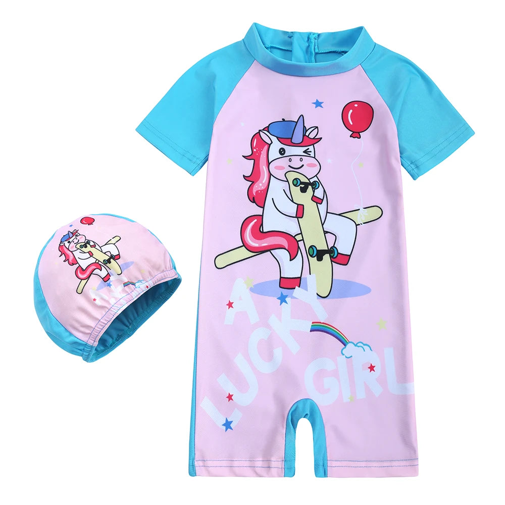 Toddler Children Swimwear Suit Print UV Kids Boys Girls Summer Beach Clothes 2Pcs Cap+Bathing Swimming Diving Swimsuit
